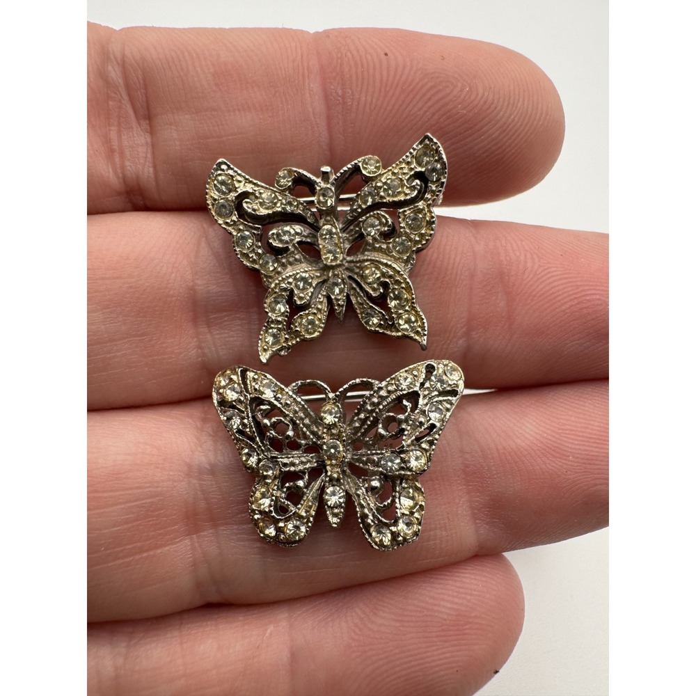 Vintage Butterfly Brooch Lot 2pc Clear Rhinestone Silver Tone Scatter Mini